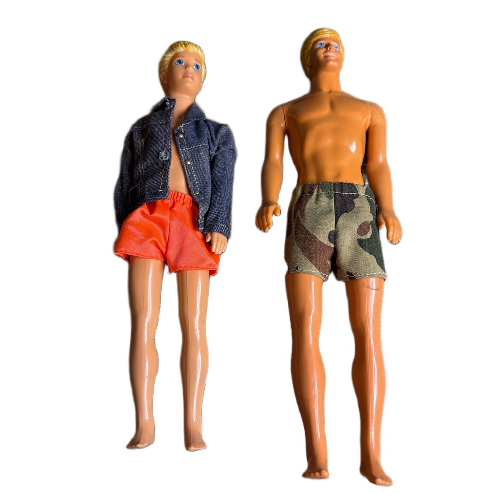 Mattel Ken Male Fashion Doll Lot 2 Denim Jacket Camo Shorts Blonde Hair Vintage